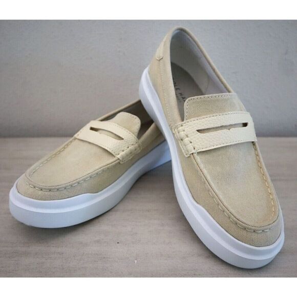 Cole Haan W25370 Women's Sz 7B Beige Canvas GrandPro Rally Penny Loafer Shoes - Picture 1 of 9